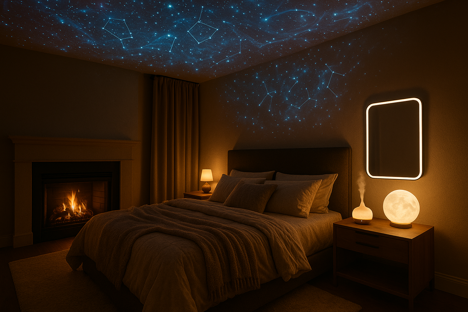 make a super comfy room with a fire diffuser stars on the roof a bed side led mirror  and a moon lamp